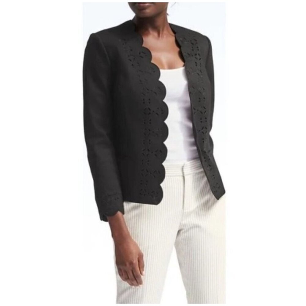 Banana Republic Black Laser-Cut Scalloped Edge Open-Front Blazer Jacket